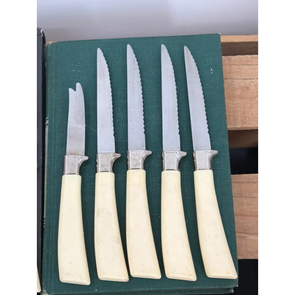 Vintage Lifetime Cutlery Sheffield England 15pc MCM Gold Floral Faux Wood Handle